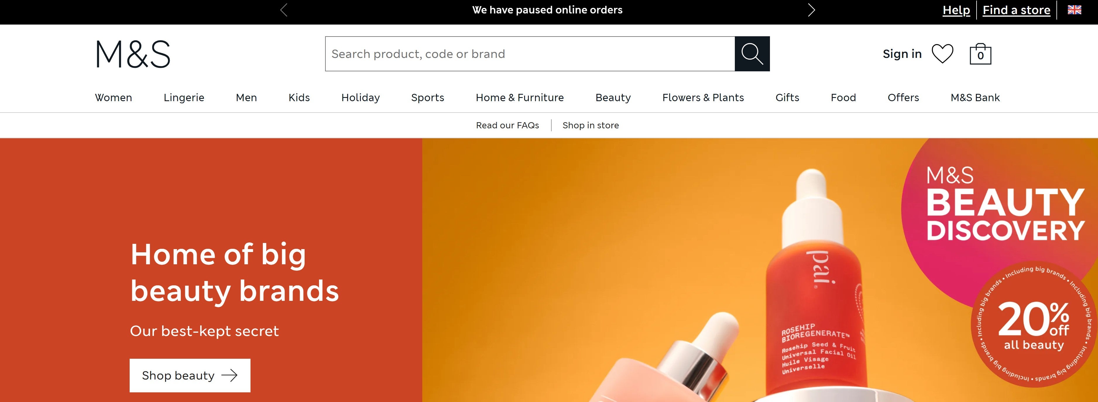 The Marks & Spencer website stating that the company has paused online orders (marksandspencer.com)