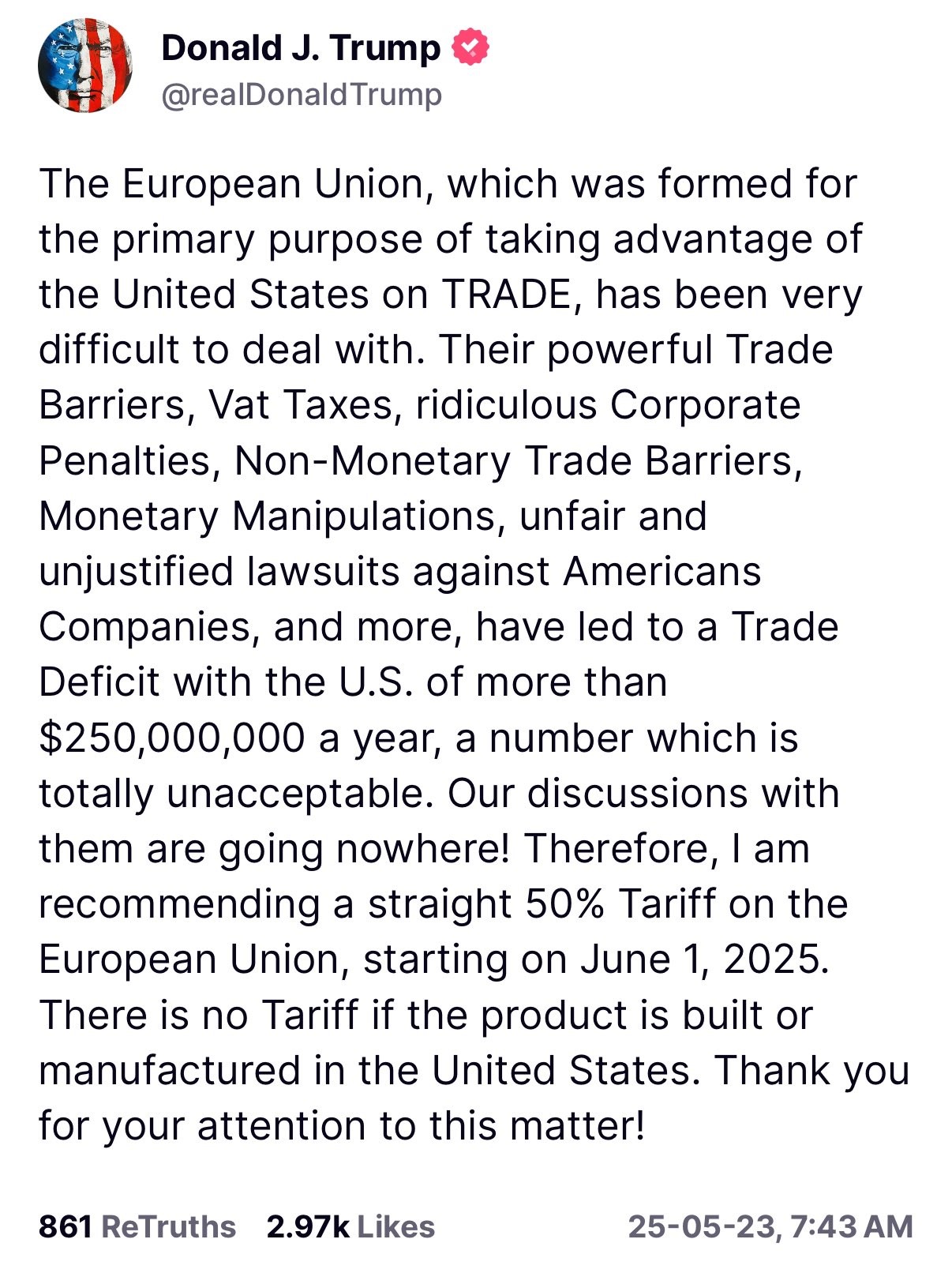 Trump proposes 50% tarrof on EU imports
